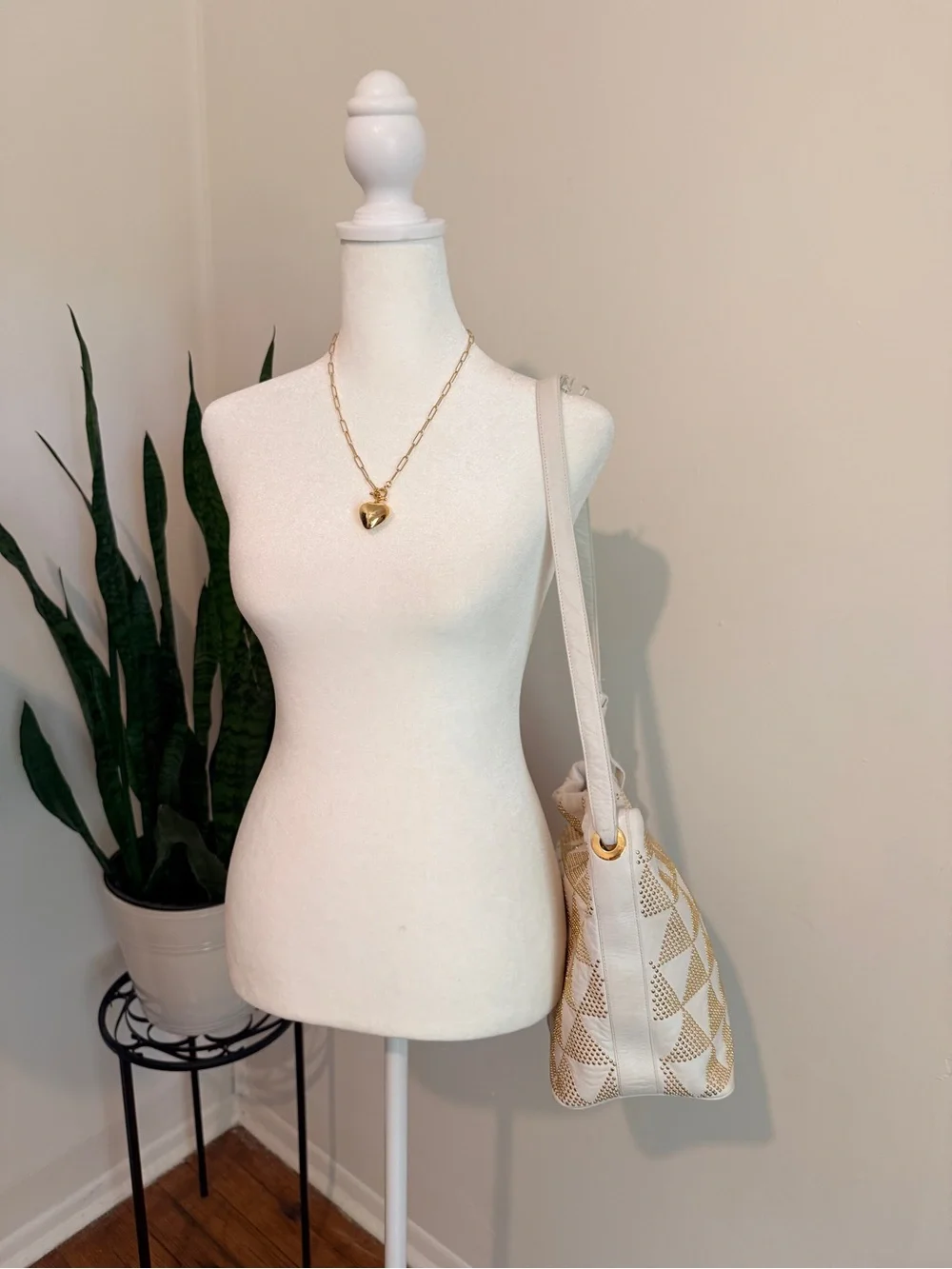 Sharif | Vintage White Crossbody with Gold Triangle Studs